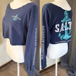Southern Attitude Salty Anchor Skull Navy Blue Long Sleeve Crop Top‎ Womens L